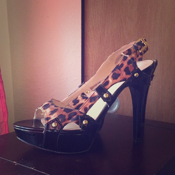 Guess Shoes - Guess Leopard Peeptoe Slingback Platform Heels
